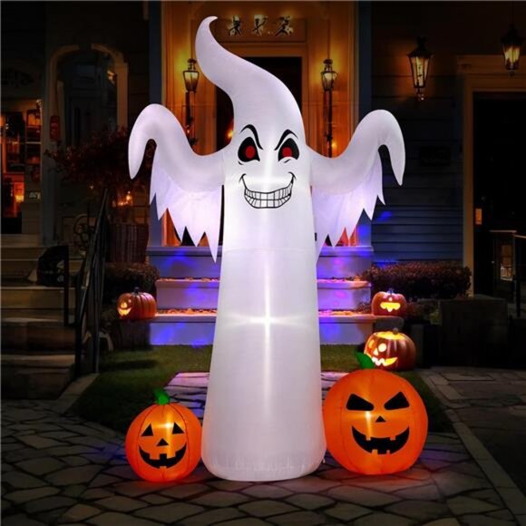 9FT Halloween Inflatable Yard Decor Giant Ghost with 2 Pumpkin
